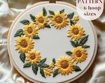 Sunflowers Hand Embroidery Pattern, Sunflowers Wreath Embroidery Design, Summer DIY Embroidery Template, Flowers Stitching, Digital Download