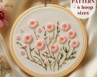 Diseño de bordado a mano de margaritas rosas, patrón de bordado de flores del mes de abril, plantilla de bordado en PDF imprimible, patrón de costura de margaritas