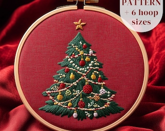 クリスマスツリーの手刺繍パターン、クリスマス刺繍デザイン、冬の刺繍テンプレート、ステッチングPDFパターン、ホリデーシーズンのクラフト