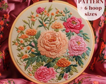 Peonies Hand Embroidery Design, Peony Flowers Embroidery Pattern, Digital Embroidery PDF Template, Peony Stitching Pattern, DIY Embroidery