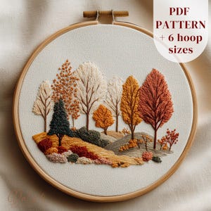 Autumn Landscape Embroidery Pattern - Fall Trees Hoop Art Design, DMC Colors, Digital Download