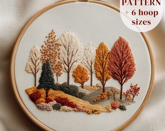 Patrón de bordado de paisaje otoñal: diseño artístico de aro con árboles otoñales, colores DMC, descarga digital