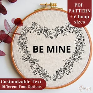 Custom Hand Embroidery Design, Line Art DIY Hoop Art PDF Pattern for Beginners, Personalized Text in a Floral Heart Wreath, Digital Download