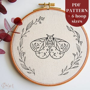Celestial Moth Embroidery Pattern Download, Whimsical DIY Embroidery Hoop Art Design, Leaves and Insect Design, Hand Stitching Template