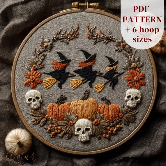 Witchy Hand Embroidery Design, Halloween Embroidery Pattern, Flying Witches DIY Embroidery Template, Gothic Embroidery PDF, Digital Download