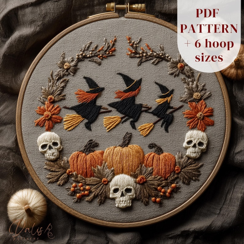 May include: Embroidered Halloween hoop art featuring three witches on broomsticks, pumpkins, skulls, and floral accents. The design is in shades of orange, black, brown, and white, with the text "PDF PATTERN + 6 hoop sizes".