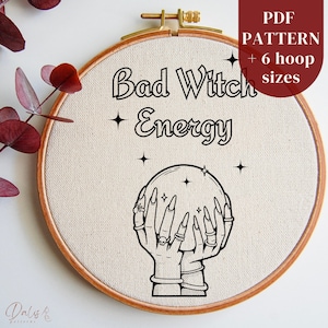 Witchy Hand Embroidery Design, Halloween Embroidery PDF Pattern, Bad Witch Energy Stitching Template, Wiccan DIY Embroidery Craft Printable