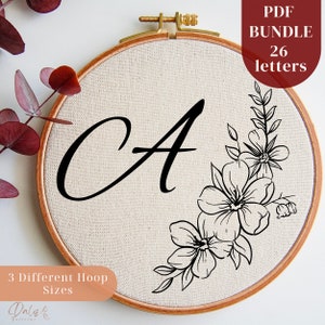 Initial DIY Hand Embroidery PDF Pattern Bundle with Flowers, Full Alphabet Embroidery Design for Hoop Art, 26 Letters, Digital Download
