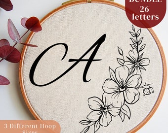 Initial DIY Hand Embroidery PDF Pattern Bundle with Flowers, Full Alphabet Embroidery Design for Hoop Art, 26 Letters, Digital Download