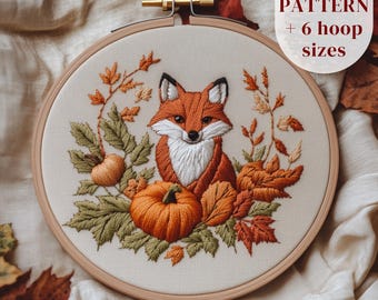 Autumn Fox Hand Embroidery Pattern, Fox with Pumpkins Embroidery Design, Woodland Fox Embroidery Printable, Autumn Stitching PDF Template