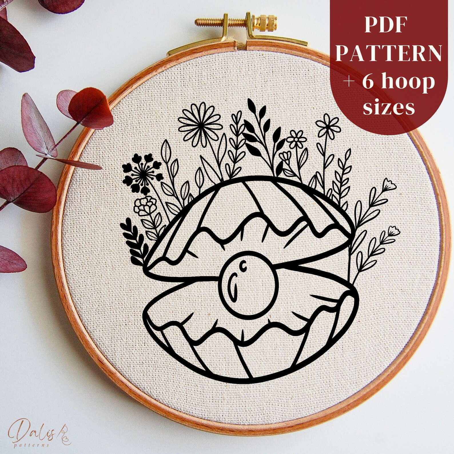 Shell Embroidery PDF Pattern: Pearl in Floral Sea Shell, Beach DIY ...