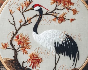 タンチョウヅルの刺繍パターン、動物の手刺繍デザイン、印刷可能な刺繍