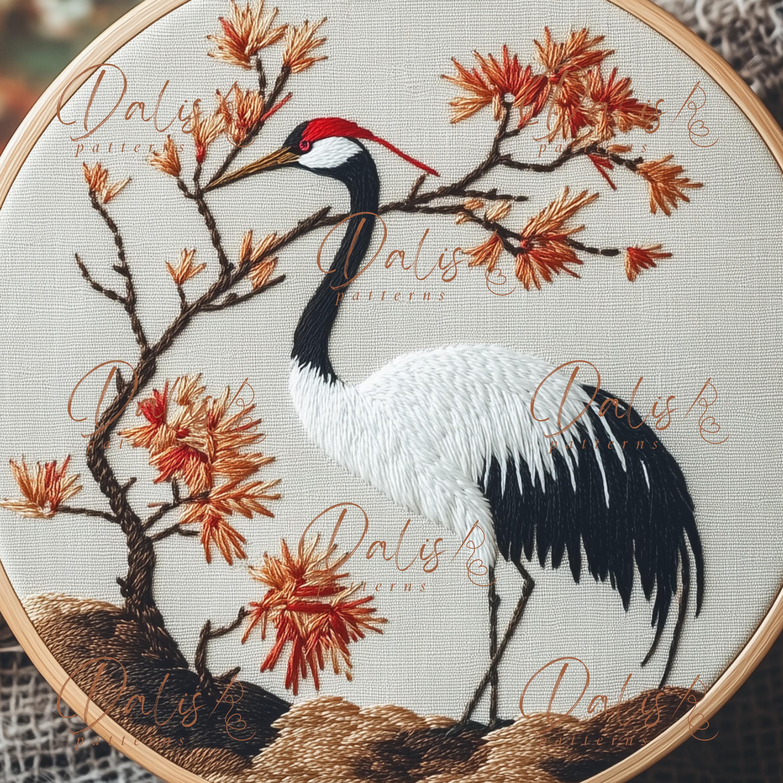 タンチョウヅルの刺繍パターン、動物の手刺繍デザイン、印刷可能な刺繍