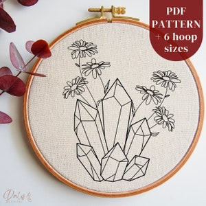 Crystals Hand Embroidery PDF Pattern File, Witchy Embroidery Hoop Art Pattern for Beginners, Line Art Stitching Design for Wiccan Home Decor