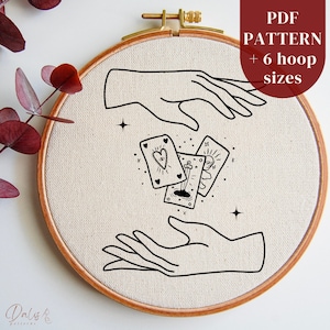 初心者向けタロットカード刺繍デジタルデザインファイル、魔女の手刺繍PDFパターンファイル、DIYフープアート用サイキックステッチパターン