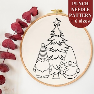Christmas Punch Needle Pattern Template, Christmas Tree and Cute Gnomes Embroidery PDF Pattern, Beginner Needlework Design, Digital Download