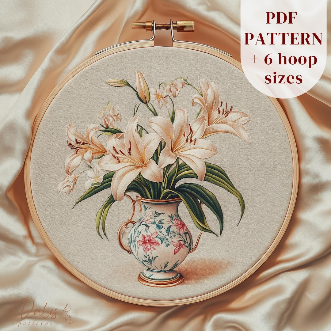 Lilium Flowers Hand Embroidery Design, Vase of Lilies Embroidery ...