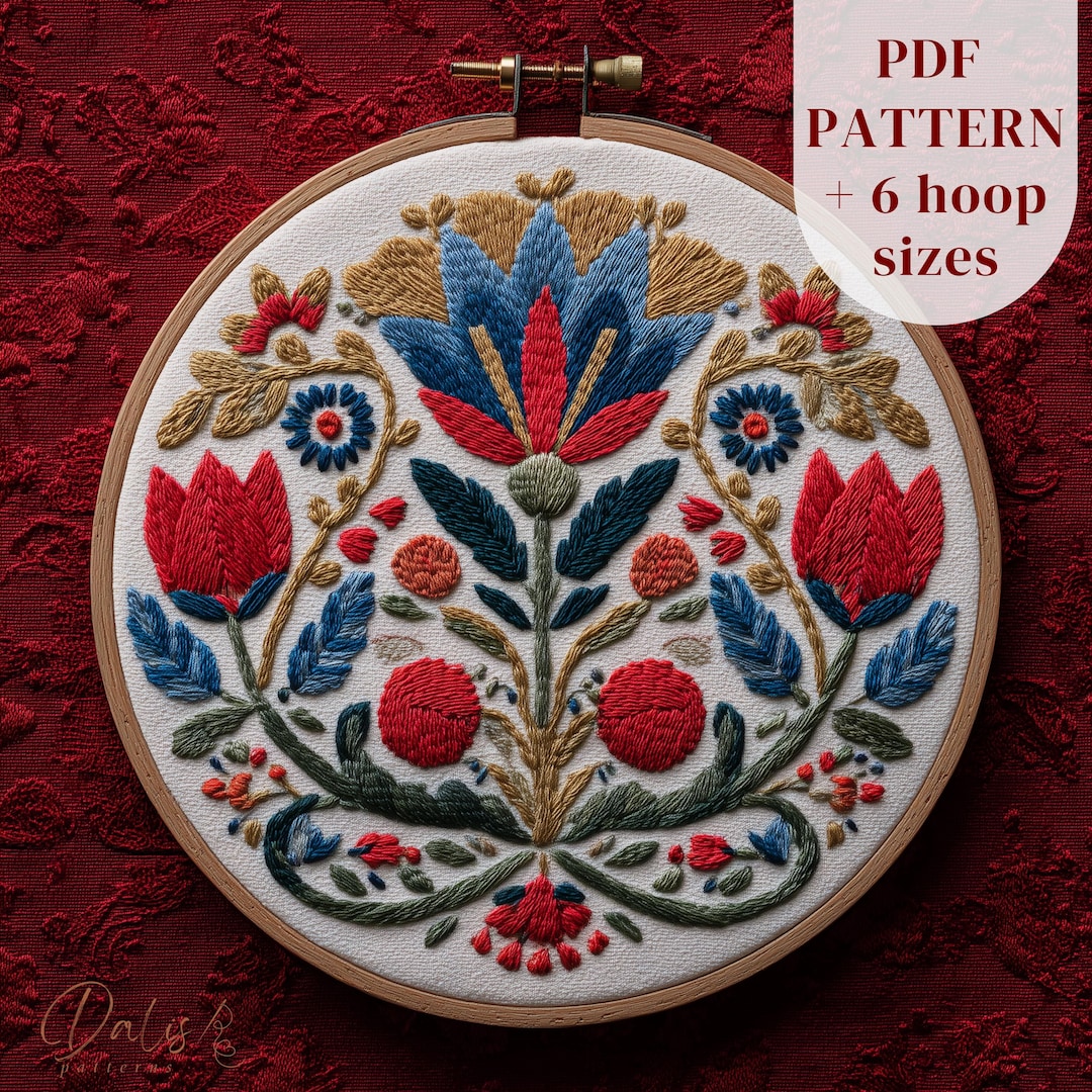Vintage Hand Embroidery Design: Folk Art Tulip Flowers Pattern, Hoop ...