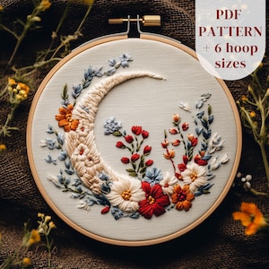 Celestial Hand Embroidery Pattern, Floral Crescent Moon Embroidery Design, Flower Moon Stitching Template, Embroidery PDF, Digital Download