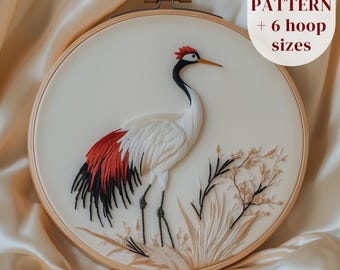 鶴と桜の手刺繍図案、鶴鳥図案、日本刺繍、日本の鳥、手刺繍図案