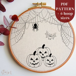 Spooky Season Hand Embroidery PDF Pattern: Spider, Spider Web, Bat and Pumpkins, Needlepoint Design for DIY Hoop Art, Instant Download