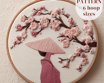 Asian Lady Hand Embroidery Design, Japanese Woman Embroidery Pattern, Japanese Stitching Template, Sakura Flowers Embroidery PDF Printable