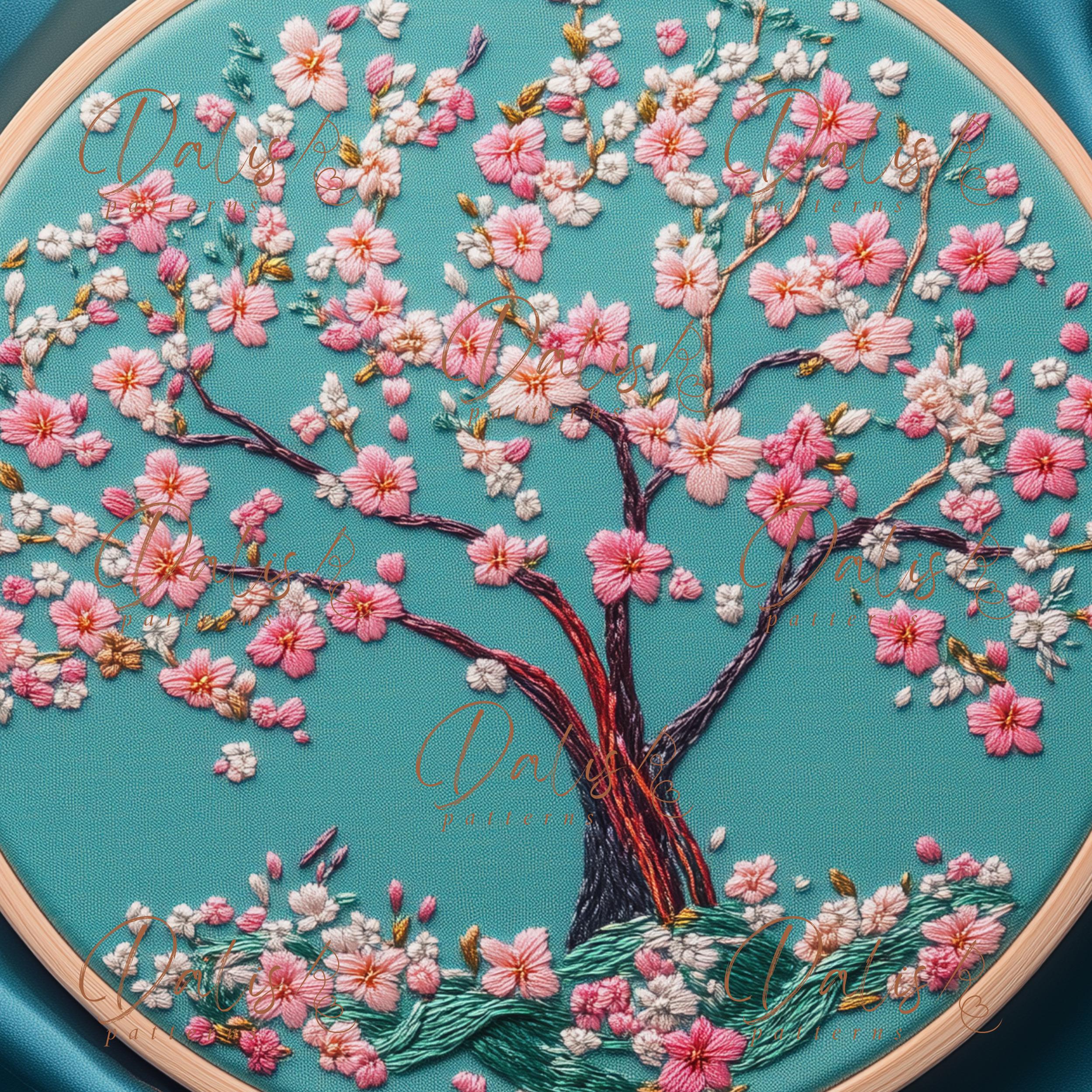 Sakura Tree Hand Embroidery Pattern, Cherry Blossoms Embroidery Design ...