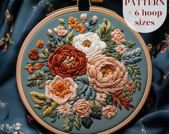 Peonies Bouquet Embroidery Pattern, Flowers Bouquet Hand Embroidery Design, Peony Flowers Embroidery PDF Printable, DIY Embroidery Craft