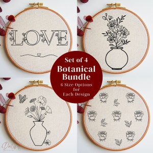 Botanical Hand Embroidery PDF Pattern Bundle, Flowers, Love and Roses, DIY Hoop Art Embroidery Design Files for Needlepoint Beginners
