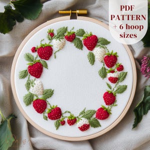 Strawberry Wreath Embroidery Design, Summer Fruit Embroidery Pattern, Strawberries Hand Embroidery Template, Beginner Hand Stitching Pattern