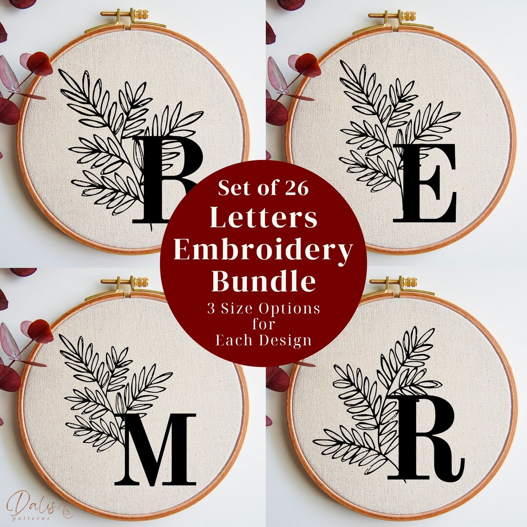 Alphabet Monogram Embroidery Pattern Bundle, Leaves Letter Stitching ...