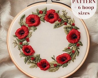 Poppy Wreath Hand Embroidery Pattern, Flowers Wreath Embroidery Design, Red Poppies Embroidery Template, Botanical Hand Stitching Pattern
