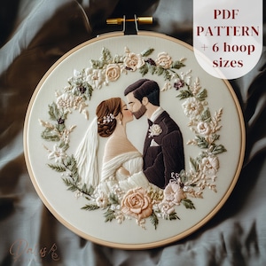 May include: Embroidered hoop art featuring a couple kissing surrounded by a floral wreath. The couple is depicted in a realistic style with the bride wearing a white dress and the groom wearing a black suit. The floral wreath is made up of various flowers and greenery in shades of pink, white, and green.