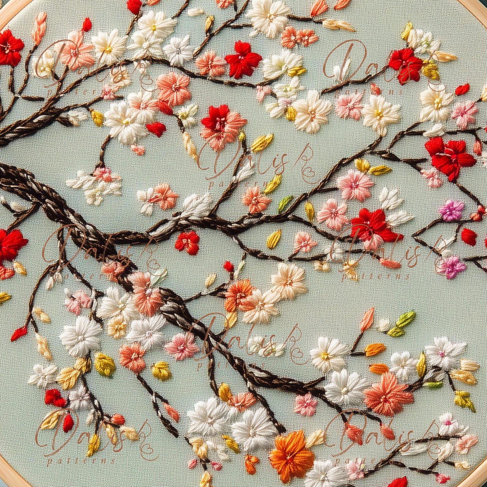 Sakura Tree Hand Embroidery Design, Cherry Blossoms Embroidery Pattern ...