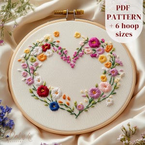 Spring Flowers Wreath Embroidery Pattern, Heart Shaped Wreath Hand Embroidery Design, Wedding Flowers Stitching Template, Digital Download