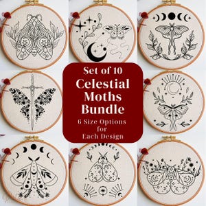 Celestial Moths Embroidery Pattern Bundle, Insect Embroidery Designs for Beginners, Hand Stitching Templates, Digital Download PDF Patterns