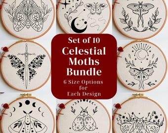 Celestial Moths Embroidery Pattern Bundle, Insect Embroidery Designs for Beginners, Hand Stitching Templates, Digital Download PDF Patterns