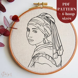 Puede incluir: Patrón de bordado de línea en blanco y negro de una mujer con un pendiente de perla. El patrón está en un aro e incluye 6 tamaños de aro diferentes.  PDF PATTERN + 6 hoop sizes