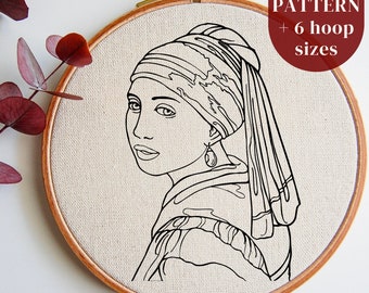 Pode incluir: Padrão de bordado de linha preto e branco de uma mulher com um brinco de pérola. O padrão está em um aro e inclui 6 tamanhos de aro diferentes.  PDF PATTERN + 6 hoop sizes