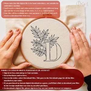 May include: A hand embroidery pattern in a wooden hoop. The design features a black floral arrangement and the letter "D" on a beige fabric. The text on the image states the digital file is for hand embroidery and includes hoop sizes from 7.6 to 20.3 cm.