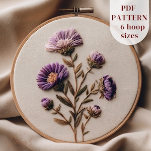 Vintage Botanical Aster Embroidery Pattern, September Flower Hoop Art PDF, Beginner Friendly