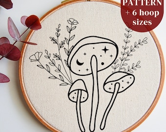 気まぐれな手刺繍デザイン、マッシュルームコア刺繍PDFパターン、マッシュルームステッチテンプレート、コテージコア刺繍クラフト印刷可能