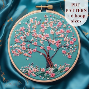 桜の木の手刺繍パターン、桜の刺繍デザイン、春の花のDIY刺繍テンプレート、桜のニードルポイントパターン