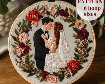 ウェディングハンド刺繍パターン、新郎新婦の刺繍デザイン、新婚夫婦の