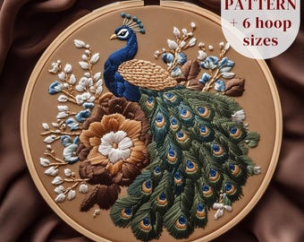 Patrón de bordado a mano de pavo real, diseño PDF de bordado de animales, plantilla de bordado de pájaro, arte de bordado DIY para amantes de los animales, descarga digital