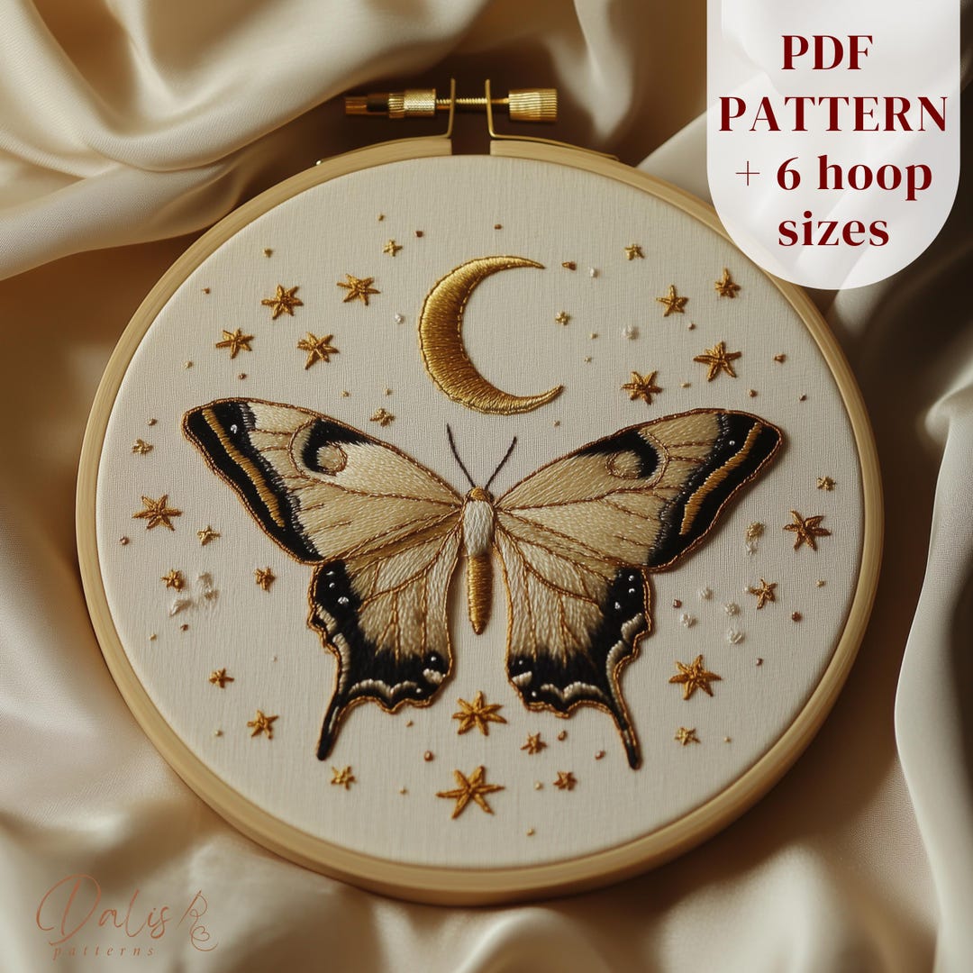 Witchy Insect Pattern Luna Moth Hand Embroidery Design, Witchy Embroidery Design, Celestial ...