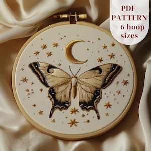 Luna Moth Hand Embroidery Design, Witchy Embroidery Design, Celestial Stitching Pattern, Insect Embroidery PDF Template, Digital Download