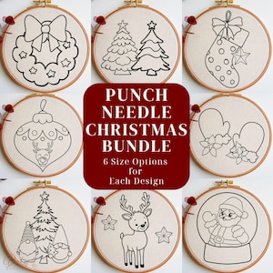 May include: A set of 6 Christmas themed punch needle embroidery patterns. The patterns include a wreath, two Christmas trees, a stocking, mittens, a reindeer, and a snow globe with Santa Claus. The patterns are available in 6 different sizes.