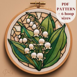 Lily of the Valley Stained Glass Embroidery Pattern, Bold Floral Thread Painting PDF Design