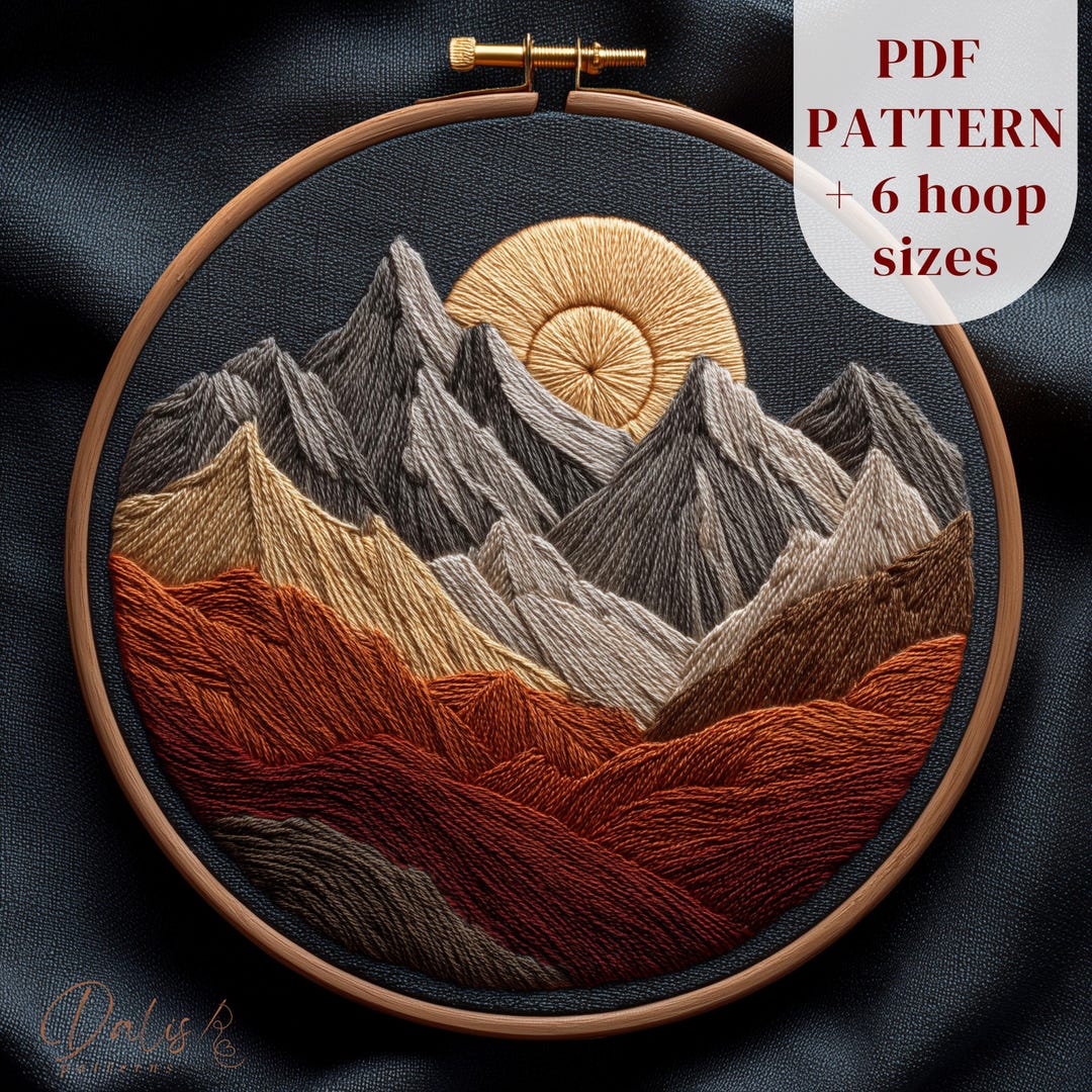 Mountain Landscape Hand Embroidery Pattern, Modern Sunset DIY Hoop Art ...
